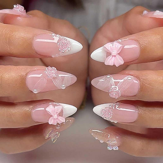 Foccna front package showing 24-piece pink almond press-on nails and accessories for instant style