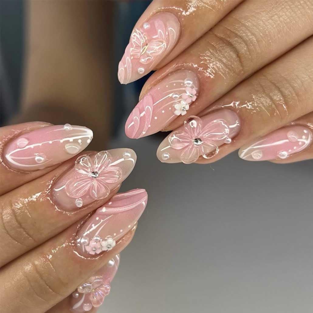 Foccna front packaging showing 24-piece almond press on nails and included accessories for quick application