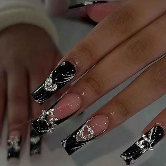 Foccna front packaging showing 24 black rhinestone press-on nails and accessories