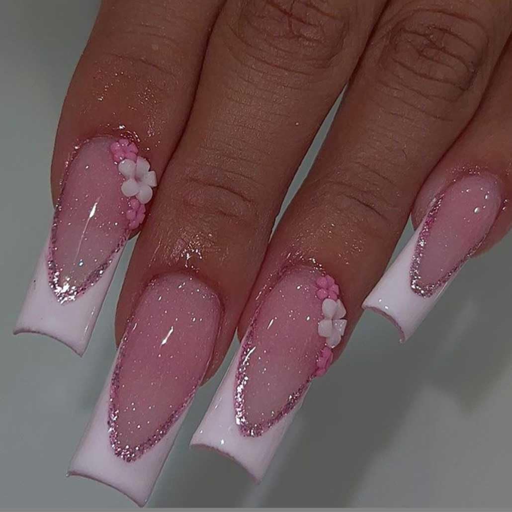 Foccna front packaging showing 24-piece long pink press-on nails for quick manicures