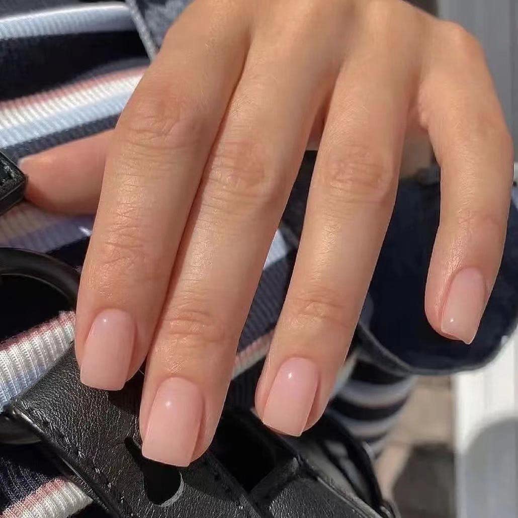 Foccna front packaging showing 24 nude press-on nails for instant polished look