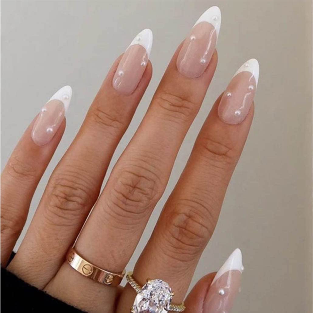 Foccna front packaging showing 24-piece pearl white set and accessories for quick manicures