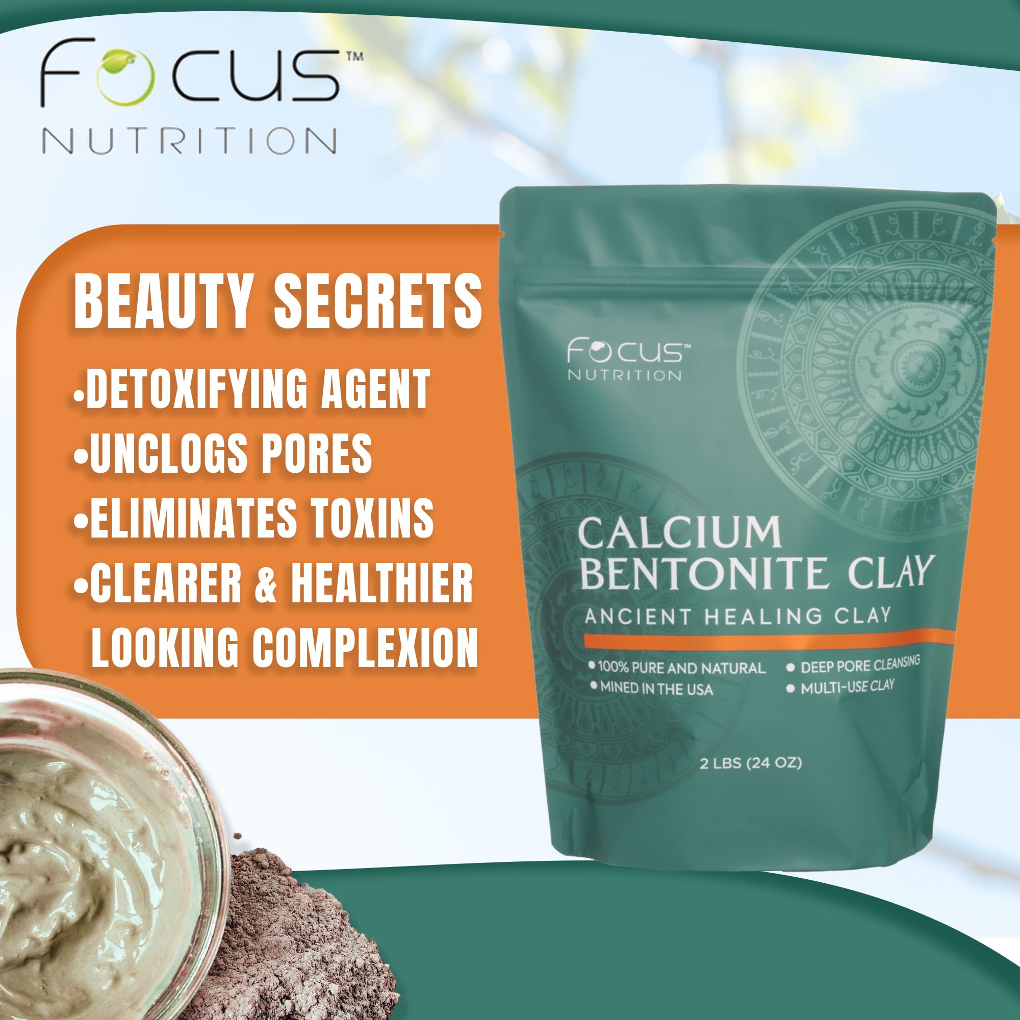 Focus Nutrition lifestyle spa setup with clay products for home treatments