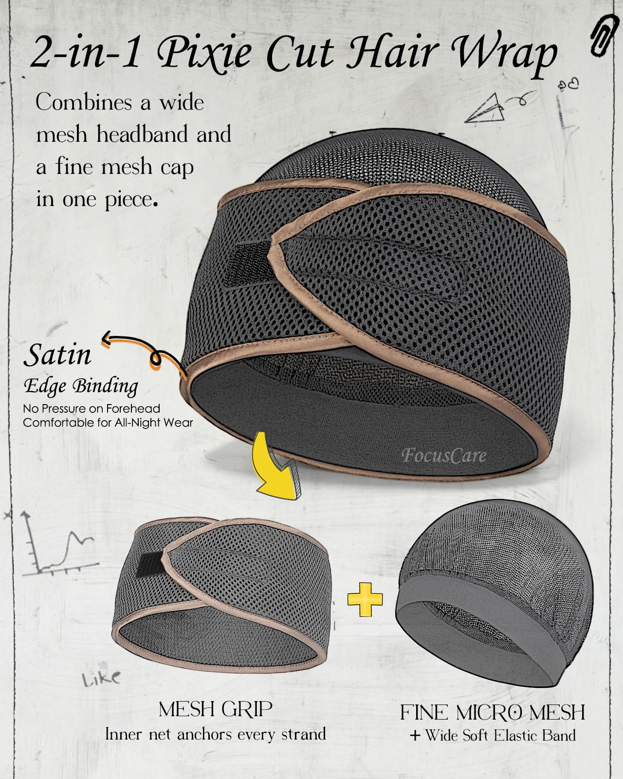 FocusCare close-up of inner mesh net that grips hair for overnight stability