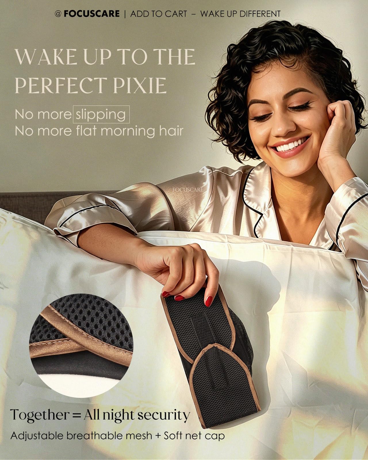FocusCare on model with pixie cut showing comfortable sleep protection and shape retention