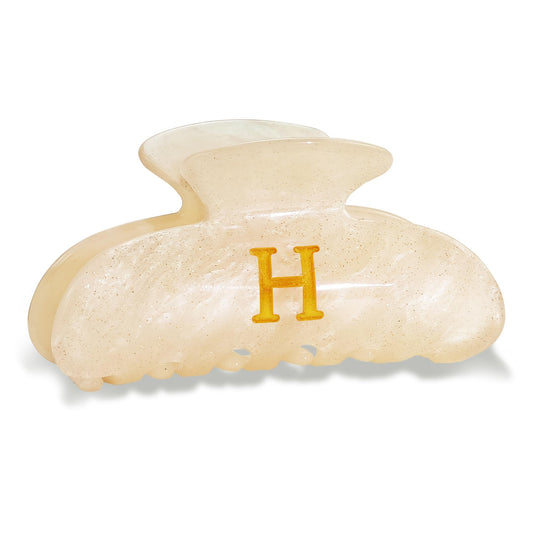 Fohufo Letter H clip front view showing polished acrylic and glittered monogram for style