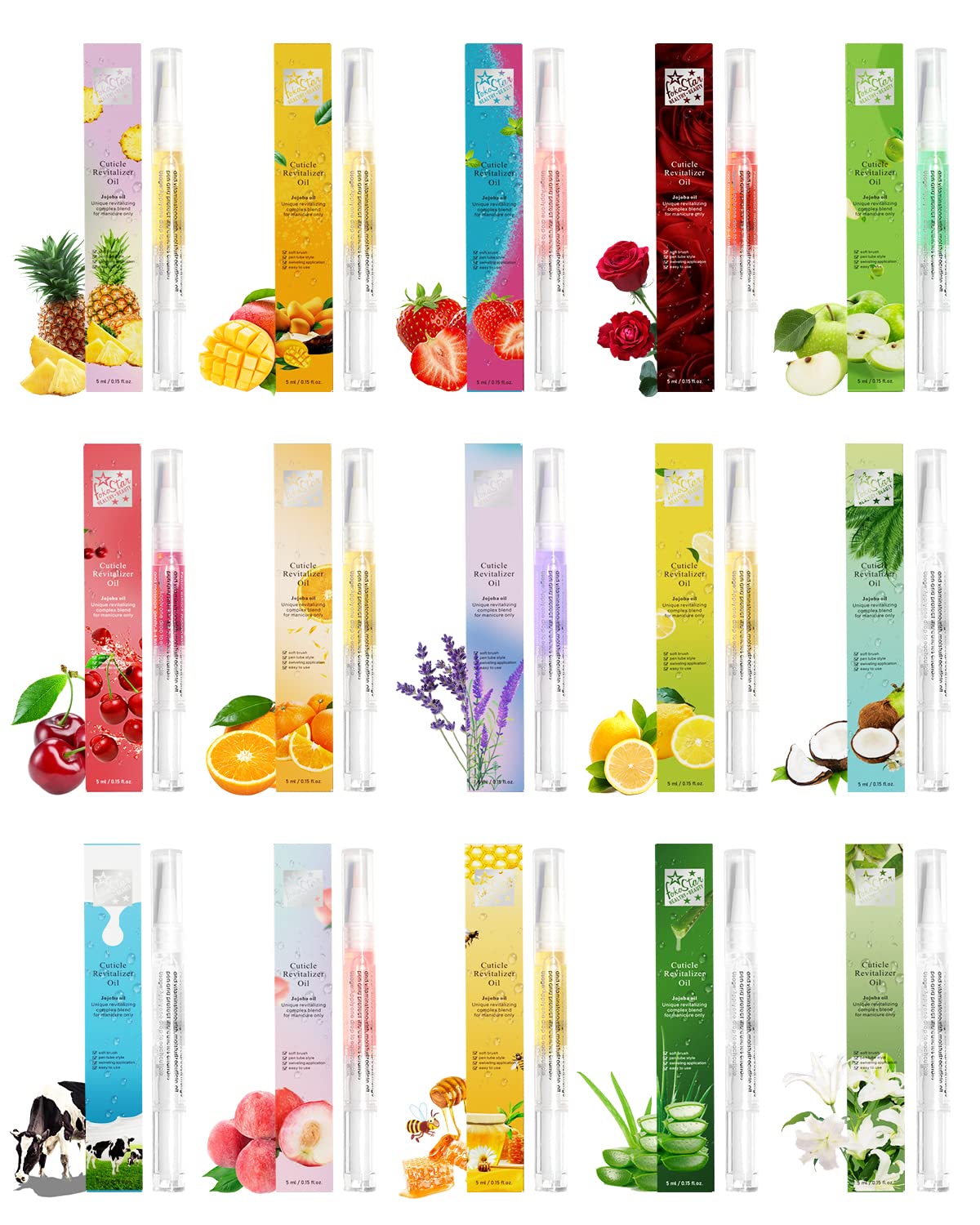Fokostar front packaging showing 15 scented oil pens and benefits of variety