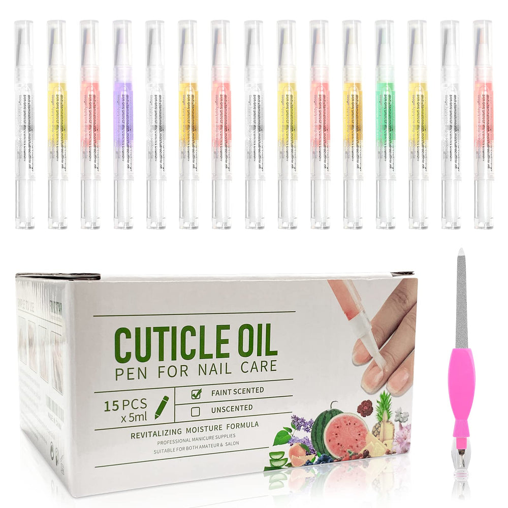 Fokostar front packaging showing 15 scented cuticle oil pens and included file benefiting easy selection