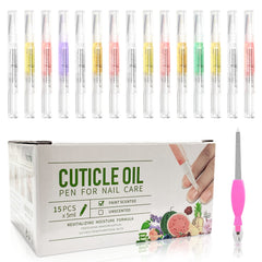 Fokostar front packaging showing 15 scented cuticle oil pens and included file benefiting easy selection