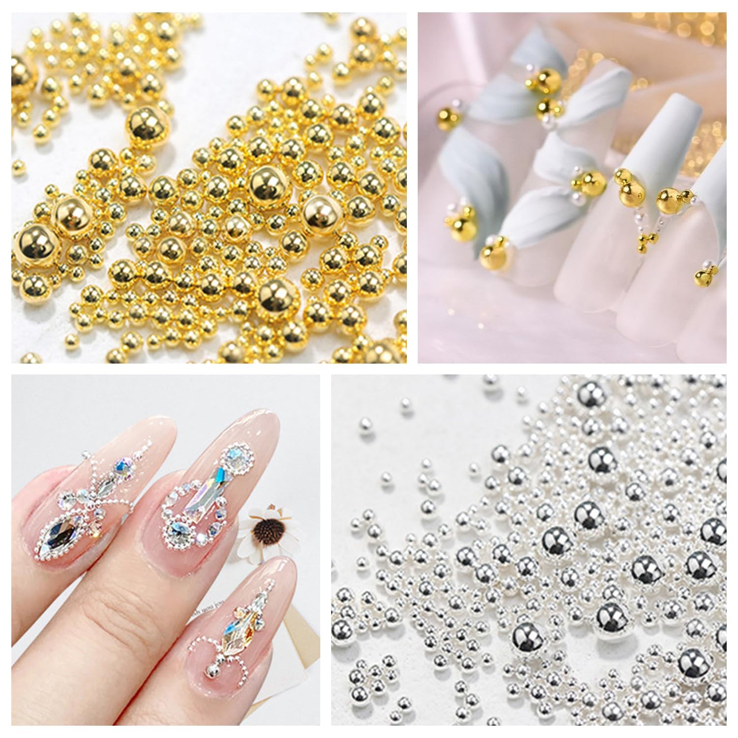 Fokostar bead size comparison illustrating multiple diameters for layered nail designs