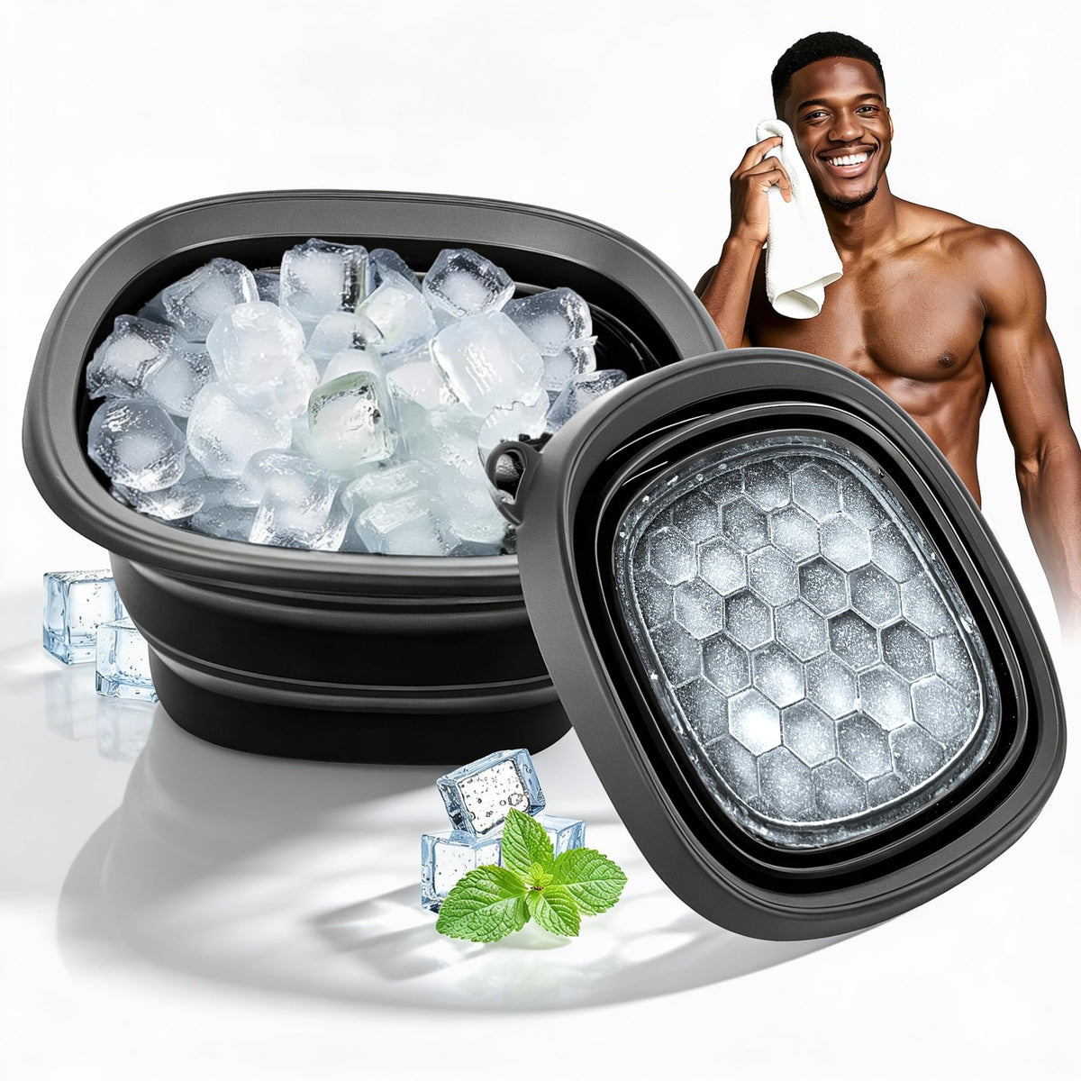 Foldspark face bowl front view showing ready-to-freeze ice zone and portability benefits