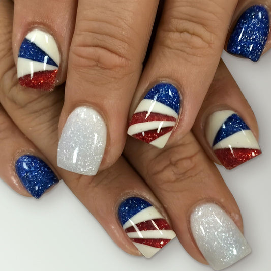 FOLONRAL front packaging showing 24 patriotic press-on nails, ready-to-wear benefit