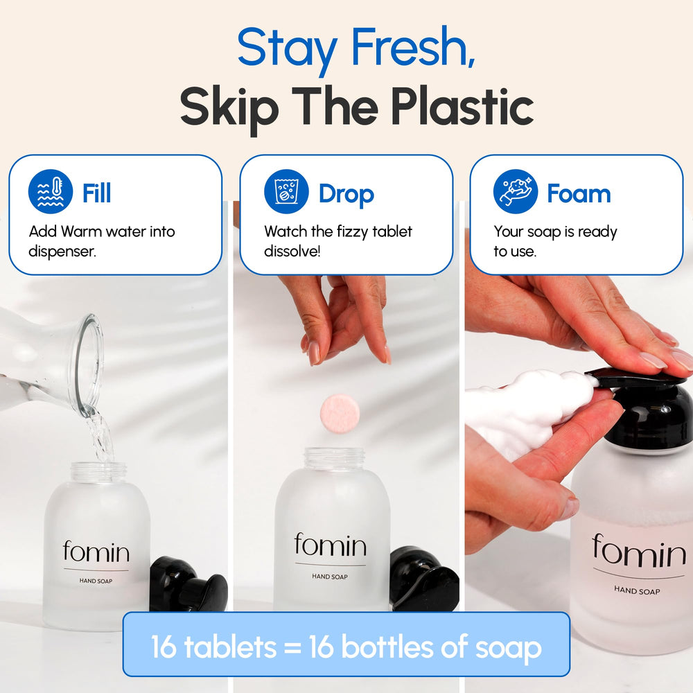 FOMIN dissolving tablet in glass bottle demonstrating easy refill and fast mix