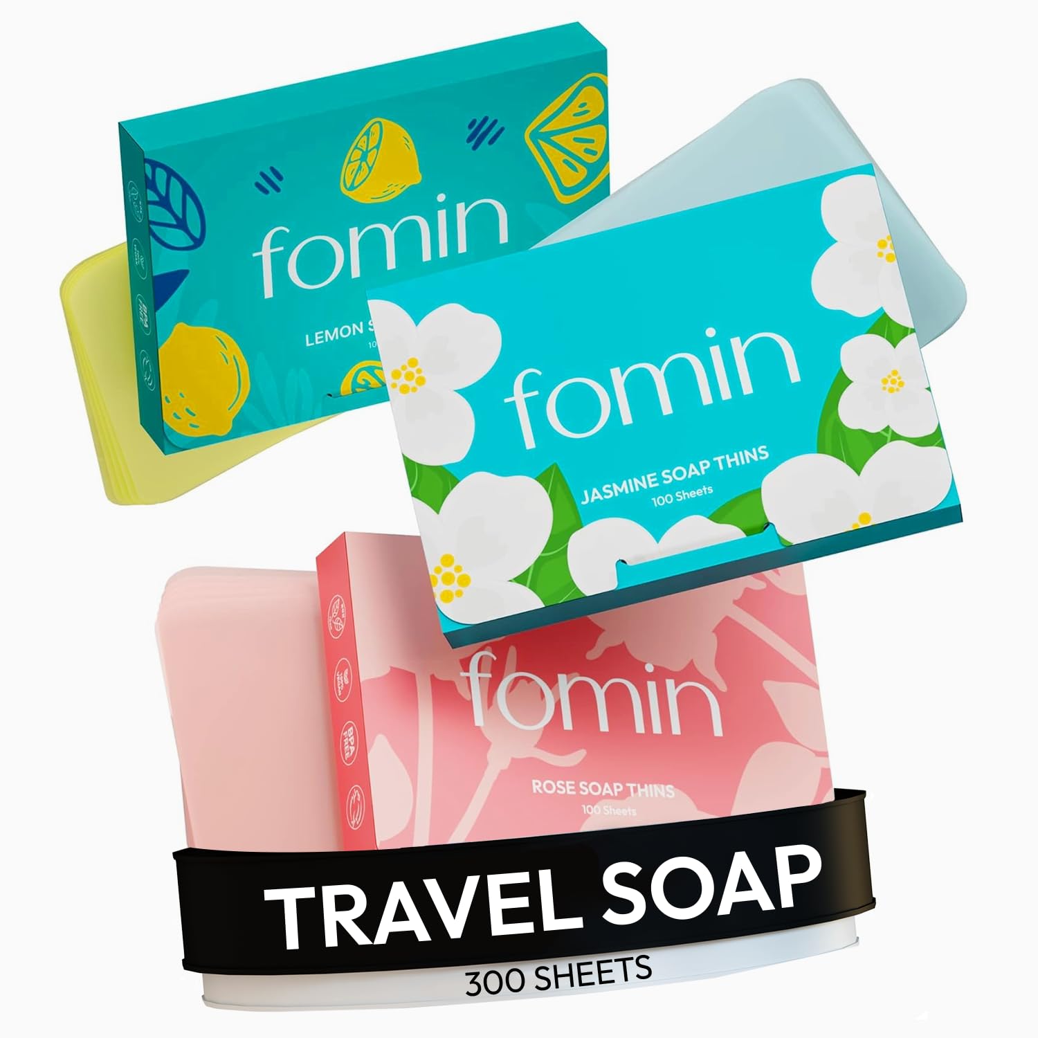 FOMIN front packaging showing 300 sheets and compact travel benefits
