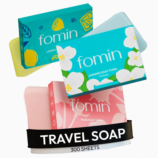 FOMIN front packaging showing 300 sheets and compact travel benefits