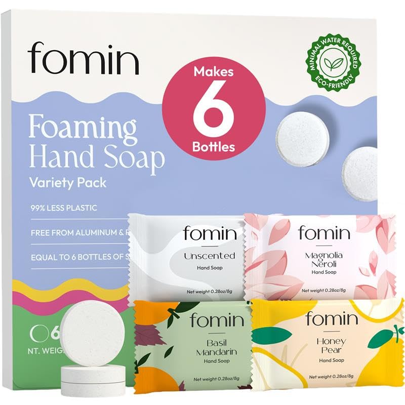 FOMIN front packaging shows six-count variety pack and eco messaging for convenience