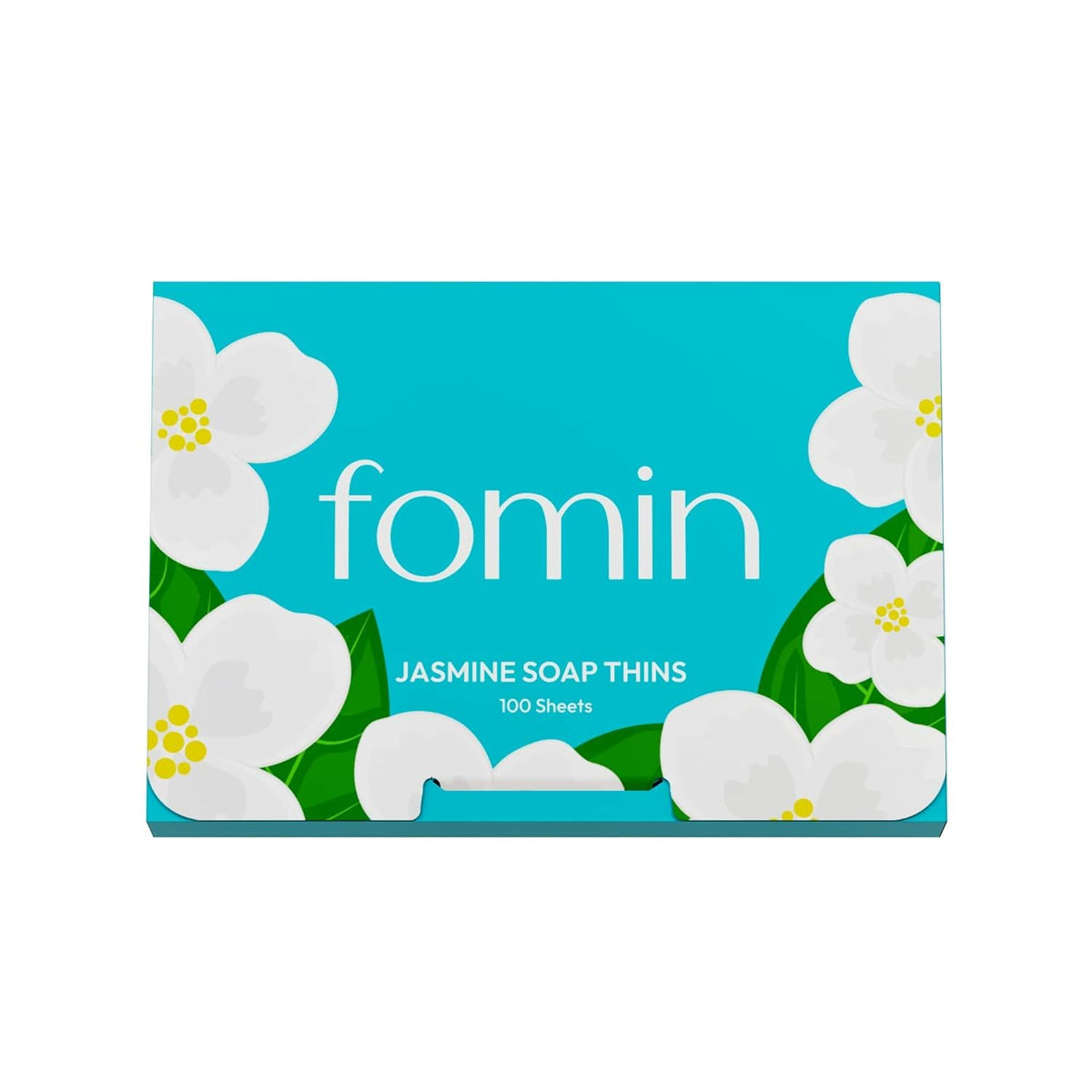 FOMIN front packaging showing 100 jasmine soap sheets and compact benefit