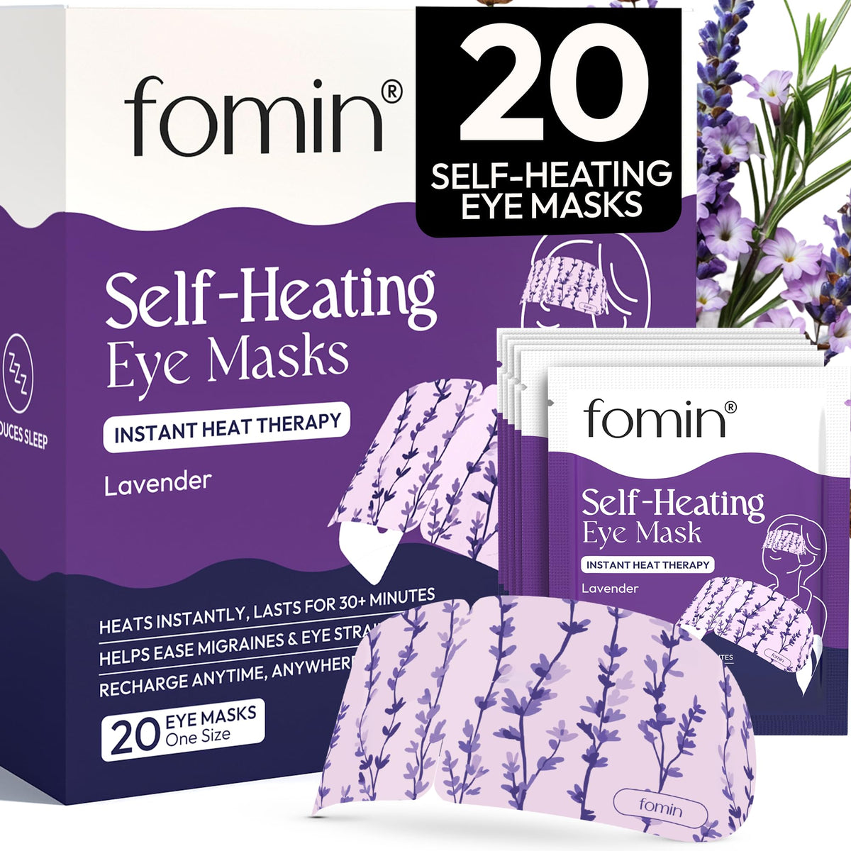 FOMIN front packaging of 20 lavender steam eye masks showing contents and benefits