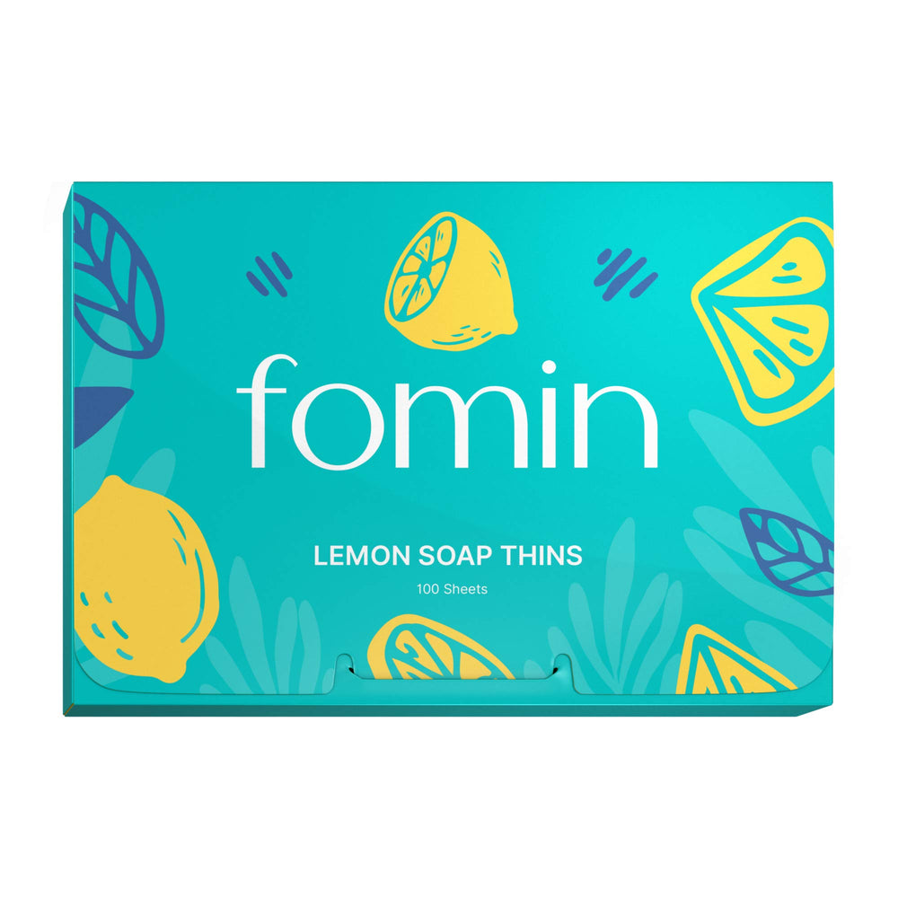 FOMIN front packaging showing lemon scent and 100 sheets, convenient for travel
