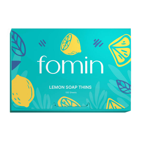 FOMIN front packaging showing lemon scent and 100 sheets, convenient for travel