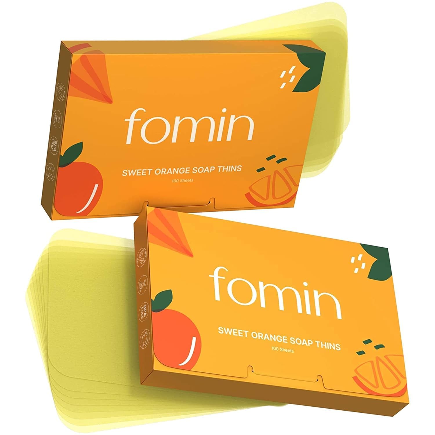 FOMIN front packaging showing compact 200-sheet orange travel soap pack for convenience