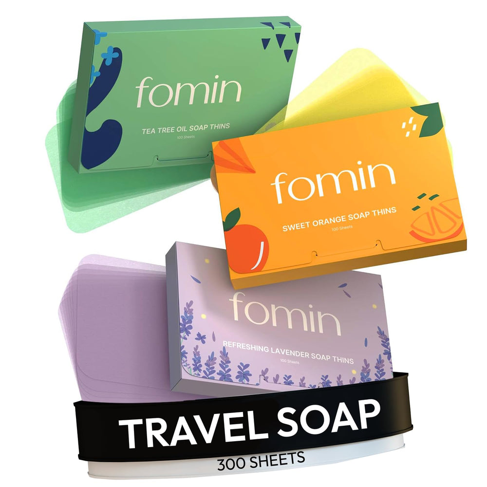 FOMIN front packaging showing orange tea tree lavender trio and portability benefit