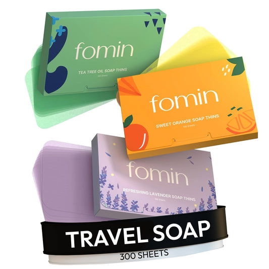 FOMIN front packaging showing orange tea tree lavender trio and portability benefit