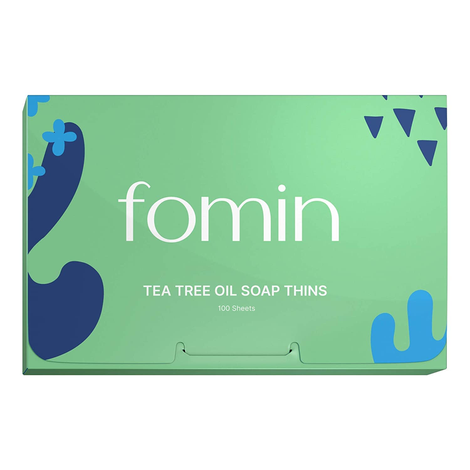 FOMIN front packaging showing 100-sheet tea tree travel soap, convenient for trips