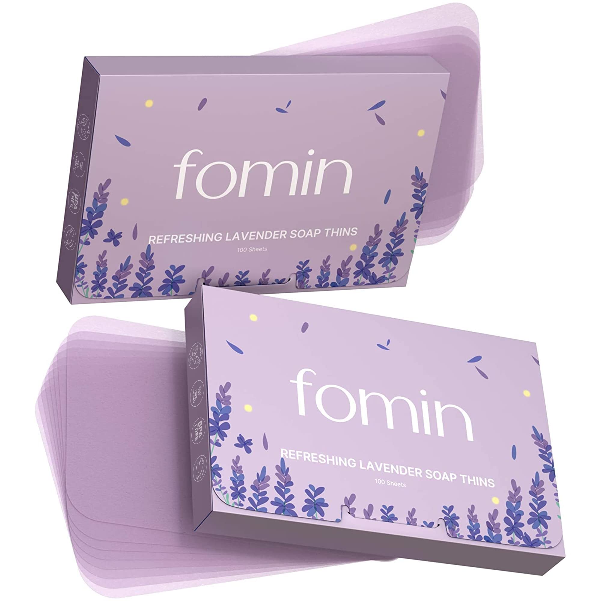 FOMIN front packaging showing compact 200-sheet travel soap pack and convenience