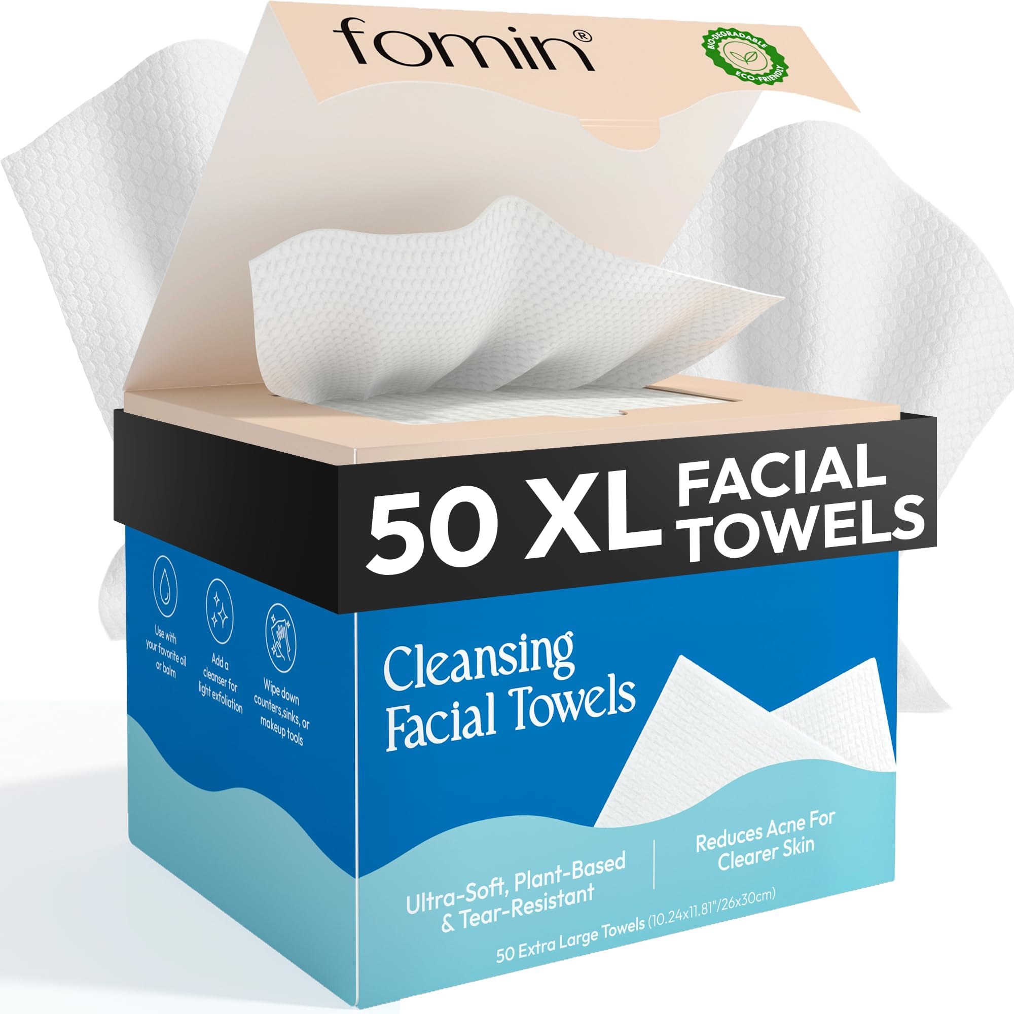 FOMIN front packaging showing 50-count biodegradable towels for convenience