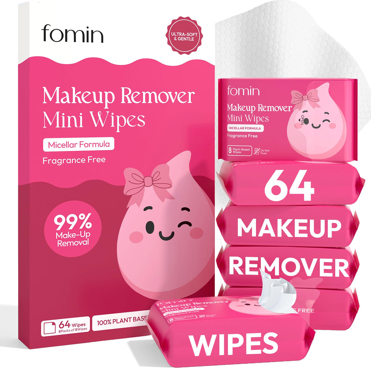 FOMIN front packaging showing compact travel-ready wipes and clear benefits