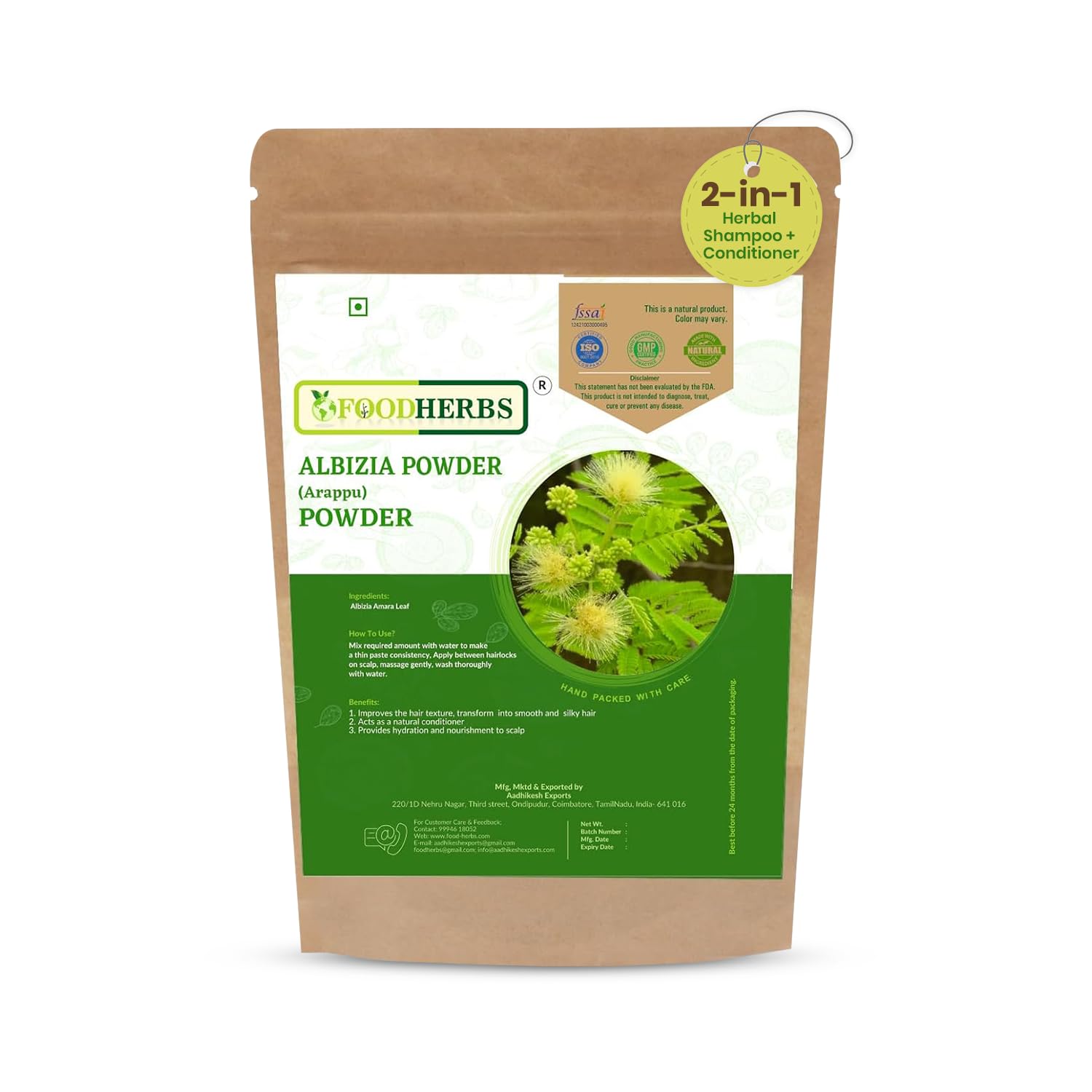 Foodherbs pouch front view showing arappu powder and benefits