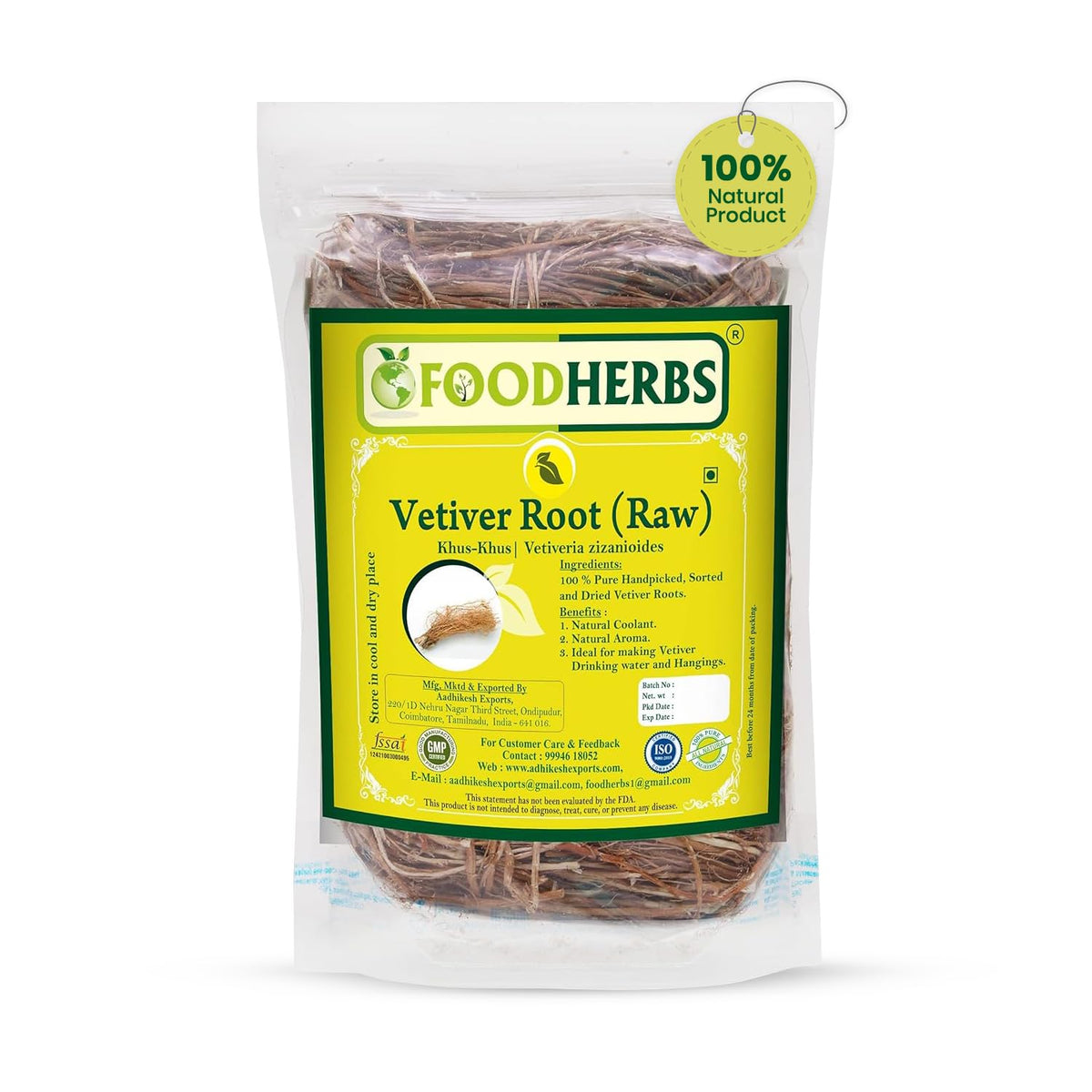 Foodherbs pouch front view showing vetiver roots and resealable pack for freshness