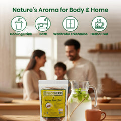 Foodherbs vetiver roots beside hand to show scale and usable portion size