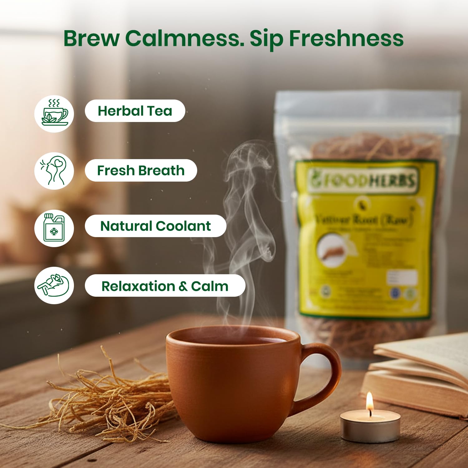Foodherbs vetiver-infused tea cup capturing herbal flavor and calming aroma