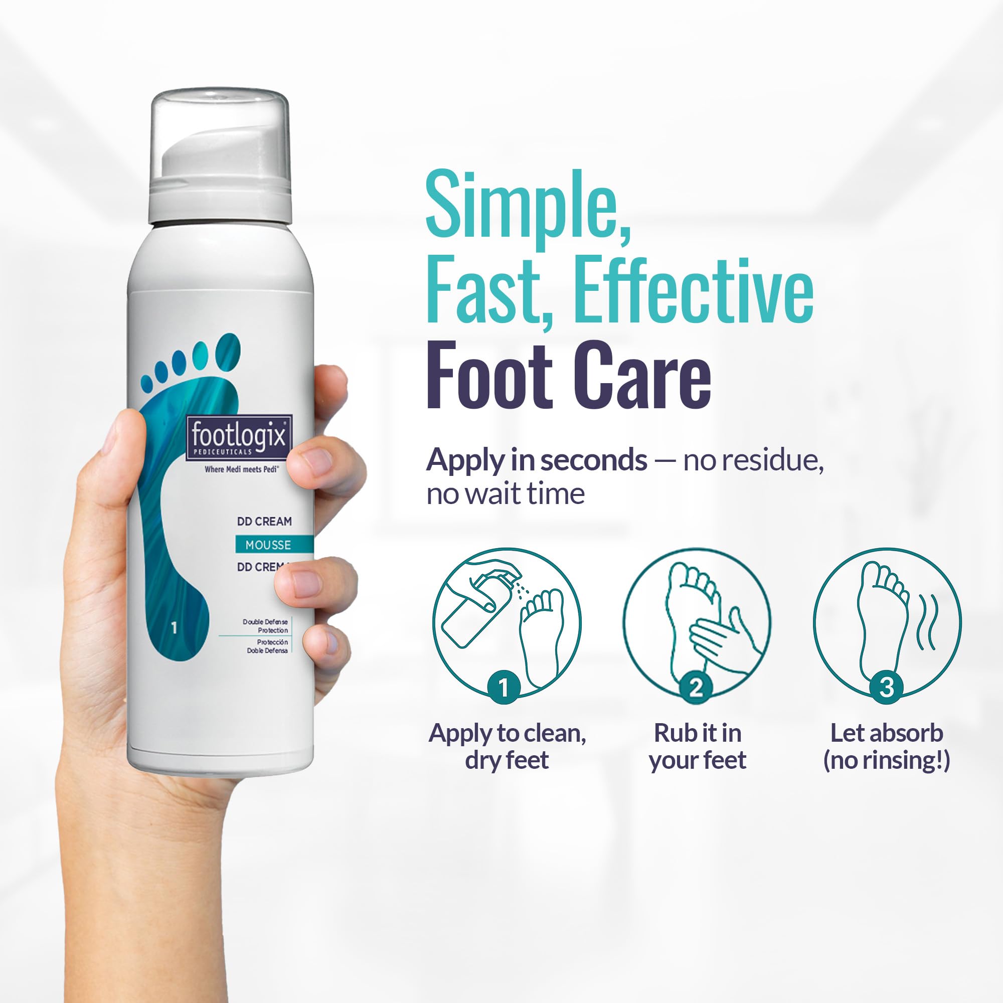 Footlogix applying mousse to heels showing hydration and comfort benefit