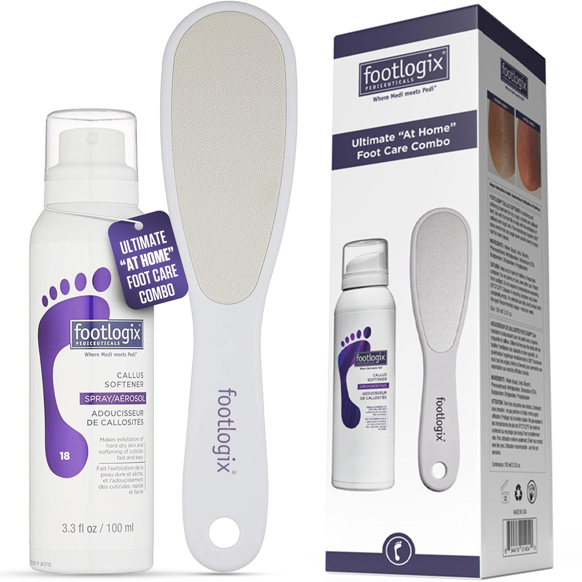 Footlogix front packaging showing callus softener combo and benefit of smoother feet