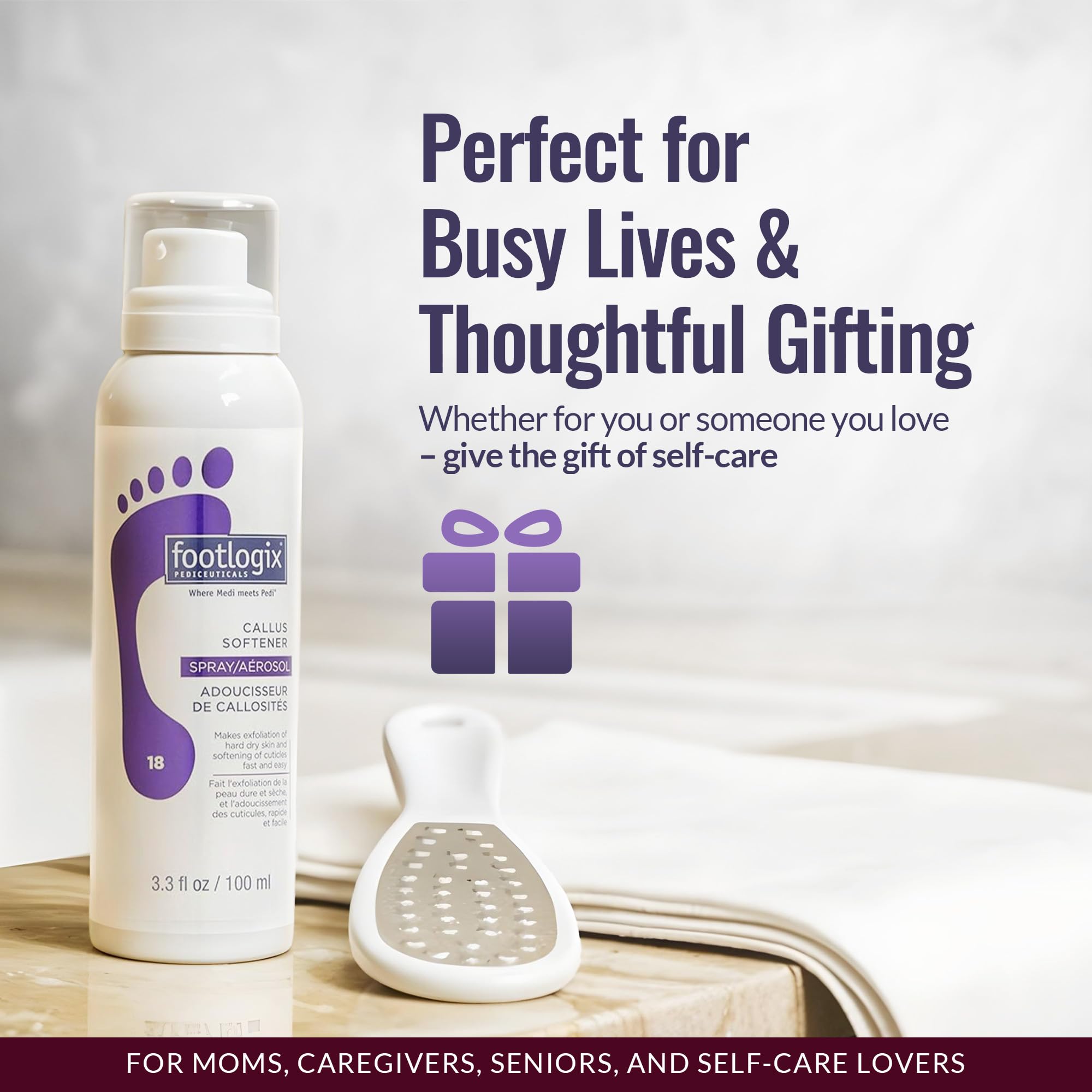Footlogix lifestyle image applying spray to heel to ease callus removal and comfort