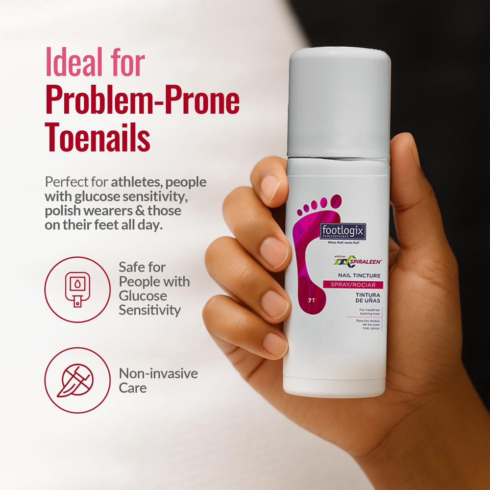 FOOTLOGIX bottle on bathroom shelf illustrating routine-ready, convenient benefit