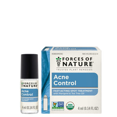 Forces of Nature front packaging showing organic acne roller and benefits