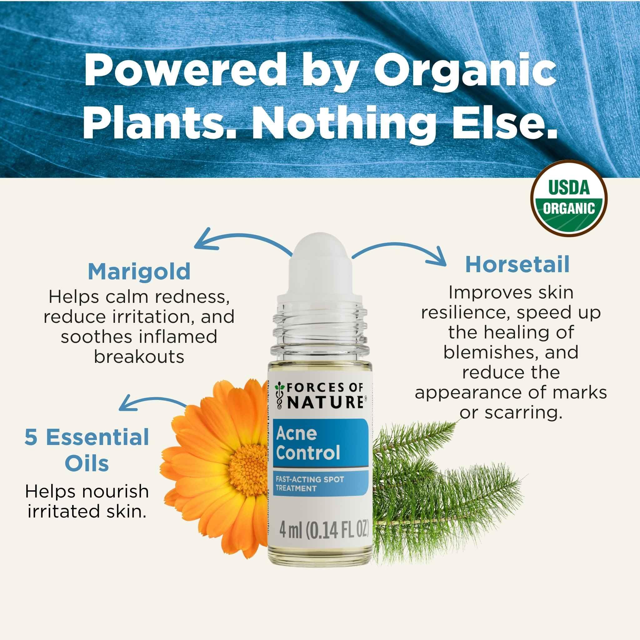 Forces of Nature organic ingredients arranged to show pure sourcing benefit