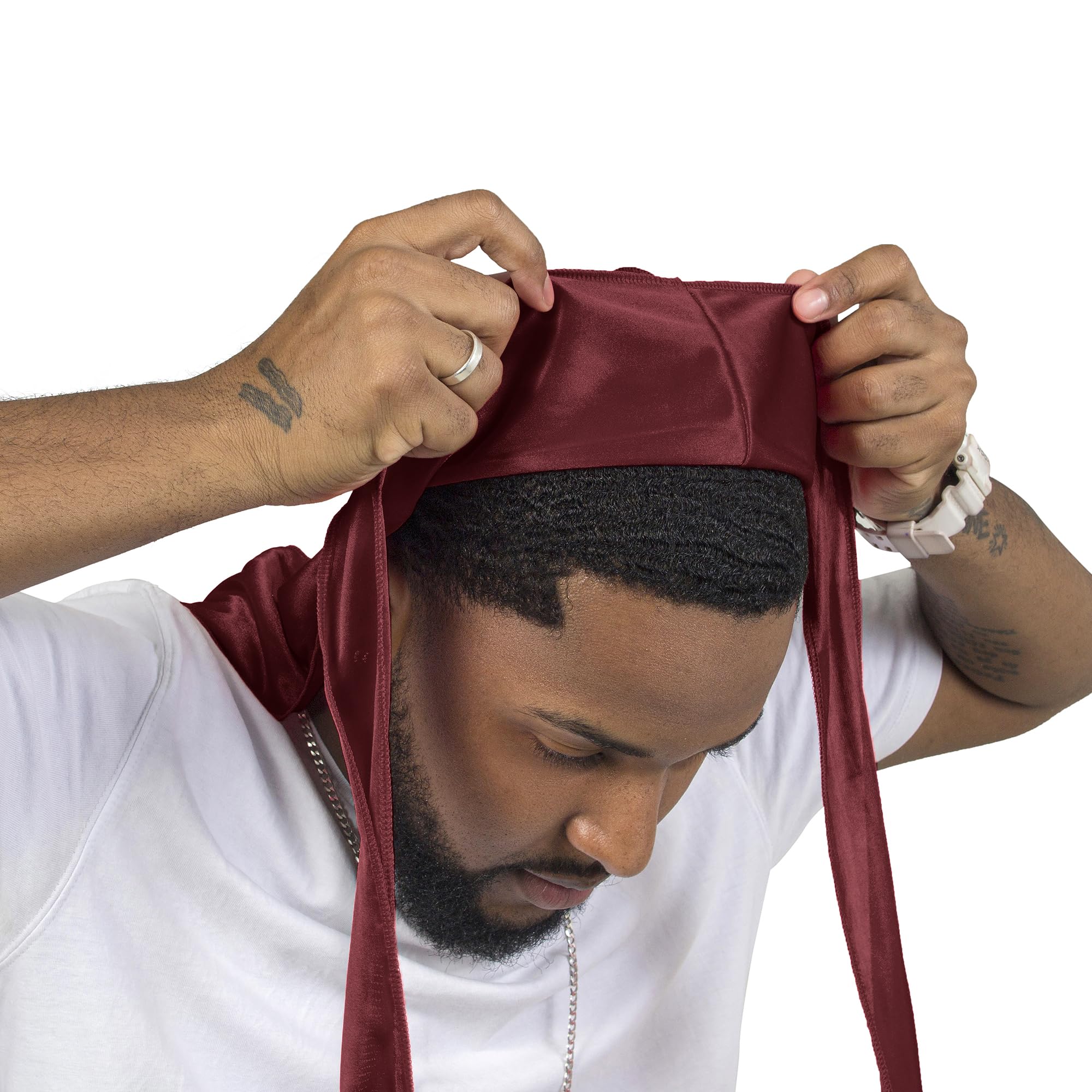 ForceWave durag tail close-up highlighting long 43-inch tail for secure wrapping