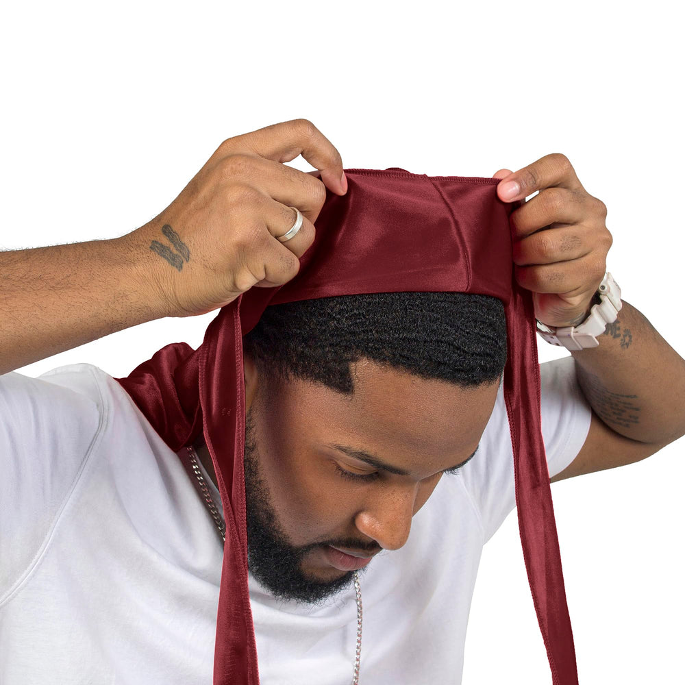 ForceWave durag tail close-up highlighting long 43-inch tail for secure wrapping