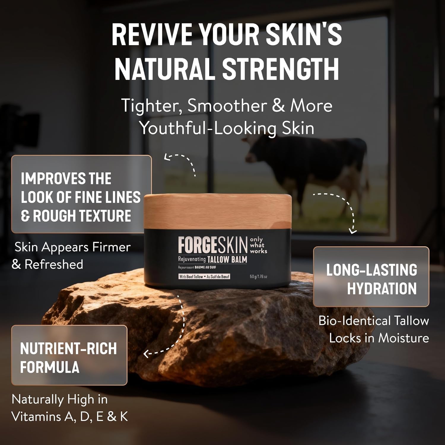 Forge Skin applied to cheek showing hydrated skin and smoother appearance