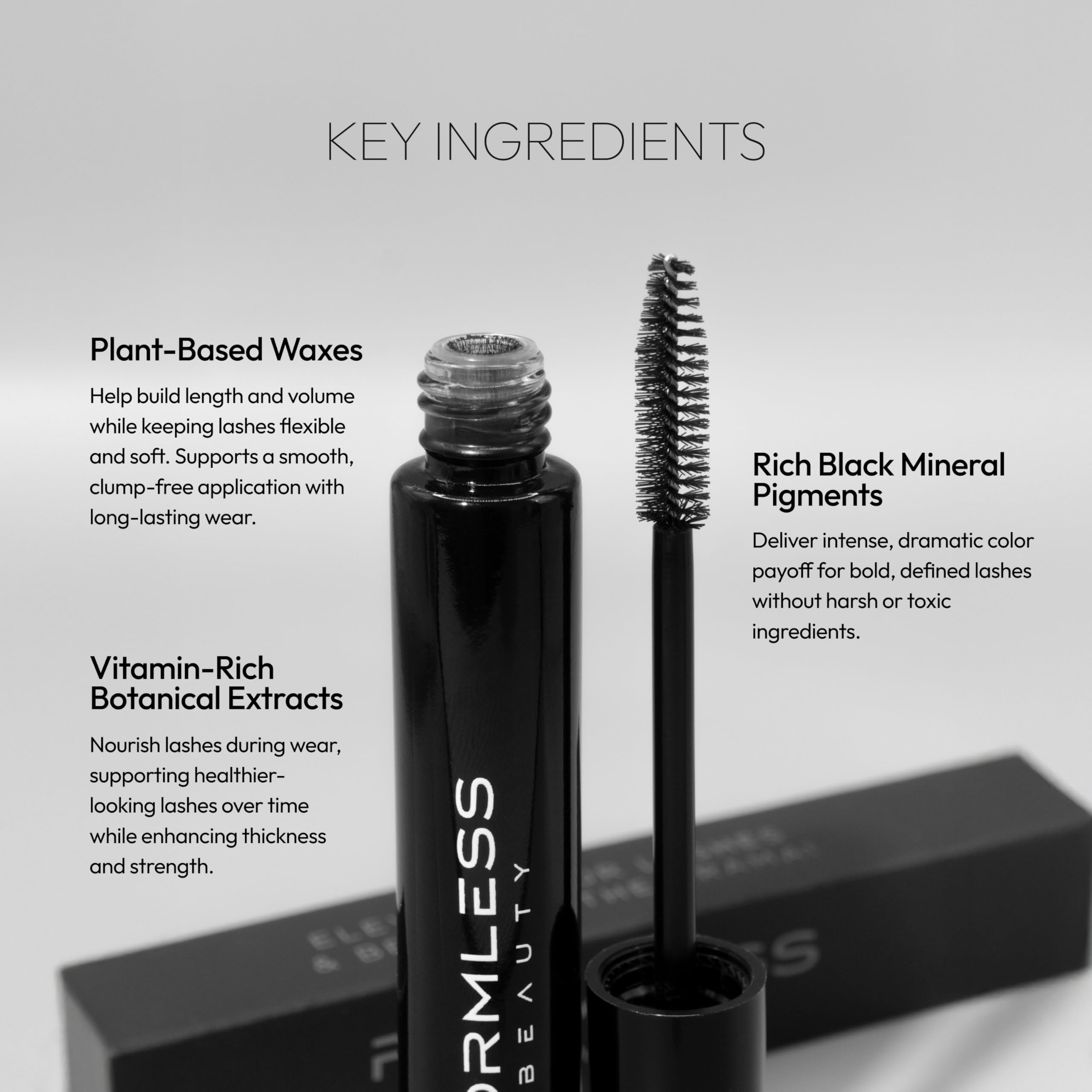 Formless Beauty Elevate Mascara held in hand to show size and portability for travel convenience