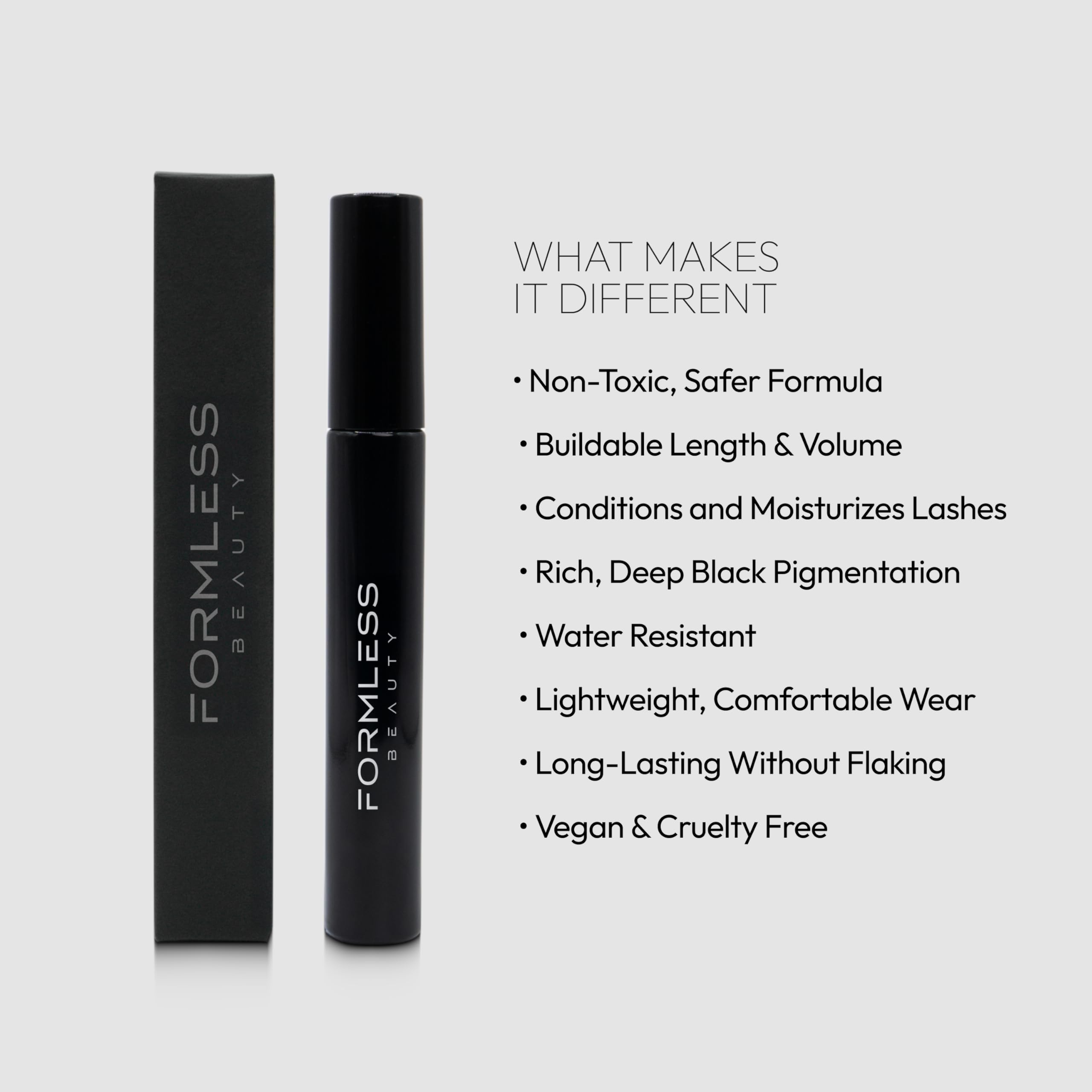 Formless Beauty mascara texture swatch on skin demonstrating rich black pigment and smooth formula