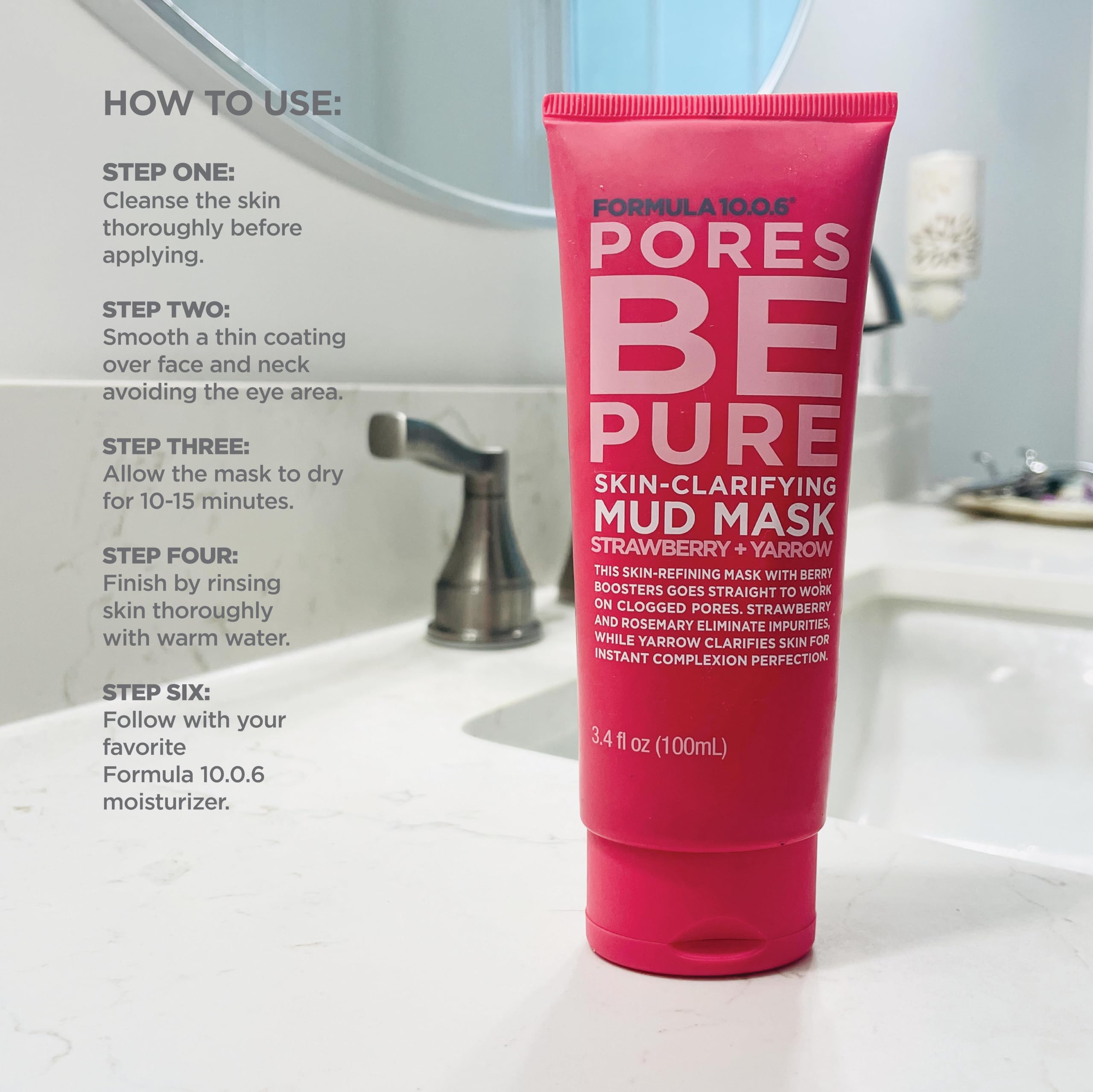 FORMULA 10.0.6 with bowls of kaolin clay and strawberries illustrating key ingredients