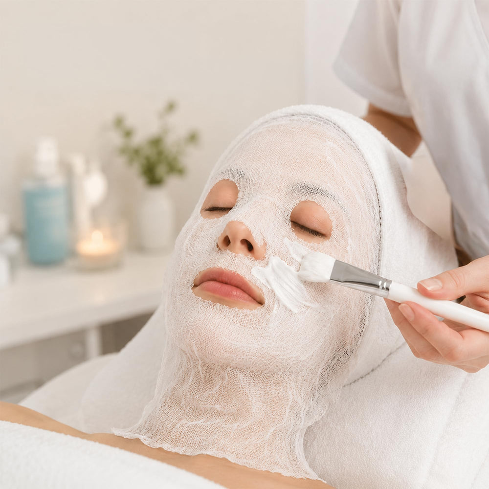 ForPro precut gauze mask on model during facial treatment illustrating easy application and product access