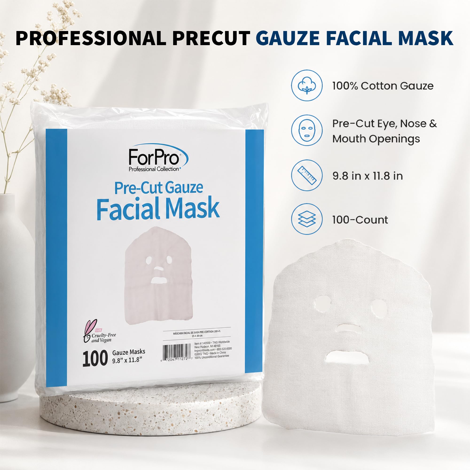 ForPro precut gauze mask stacked sheets next to label highlighting 100-count supply for busy salons