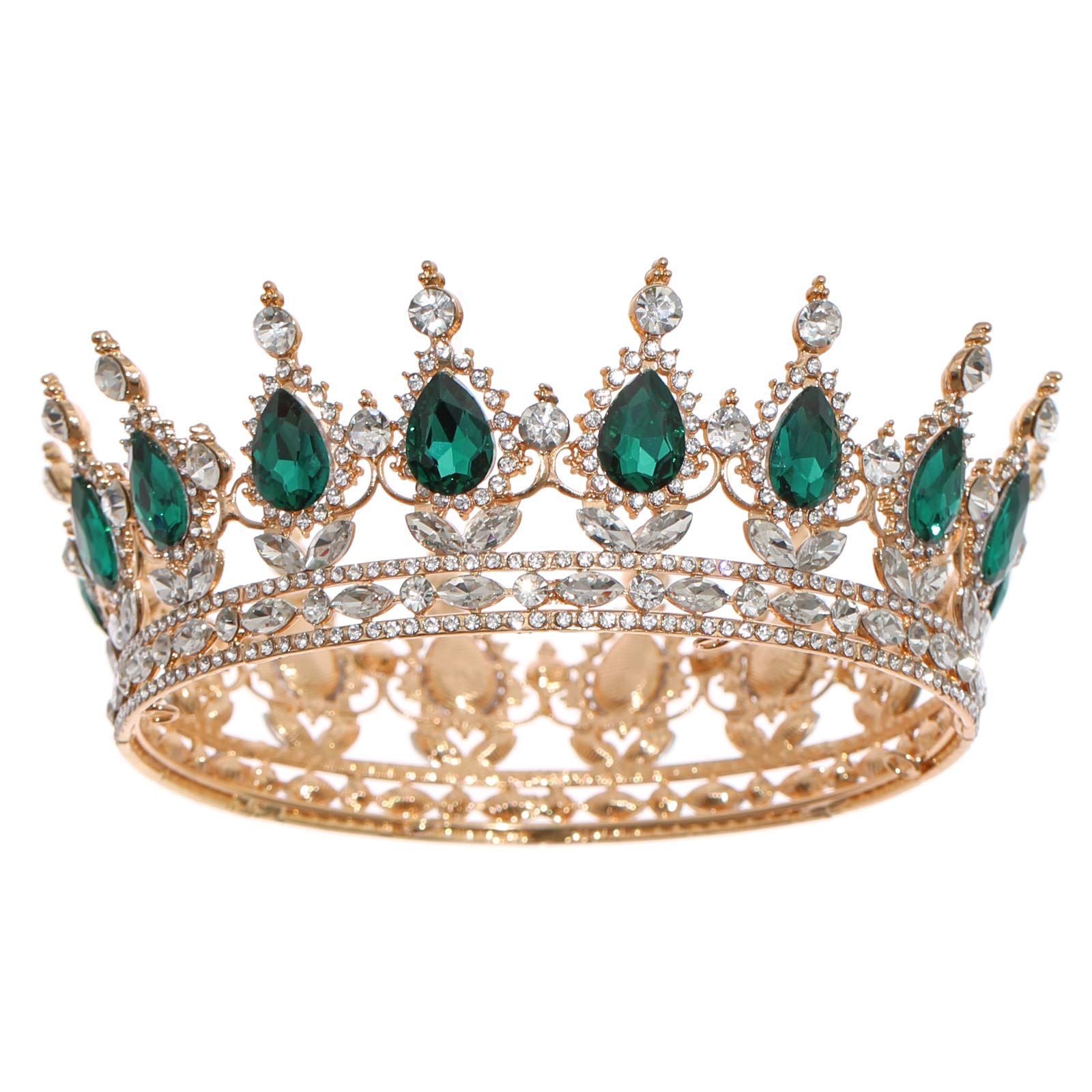 FORSEVEN front view of gold and green crystal crown showing regal design benefit